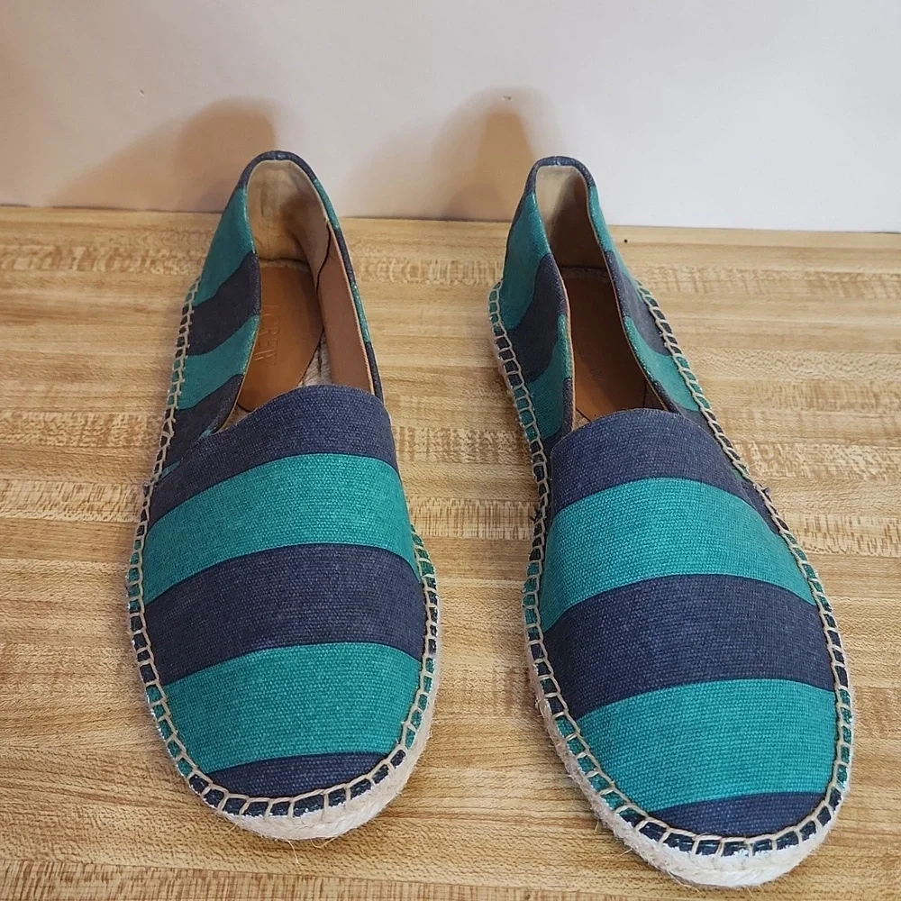 J. CREW Striped Canvas Slip on Espadrille Flats - Blue and Teal, size 10